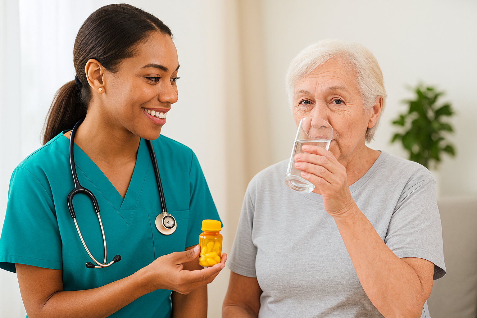 Professional caregiver providing medication reminders in Montgomery County home