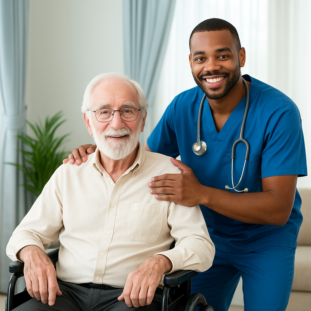 Professional caregiver providing compassionate care to senior in Montgomery County home