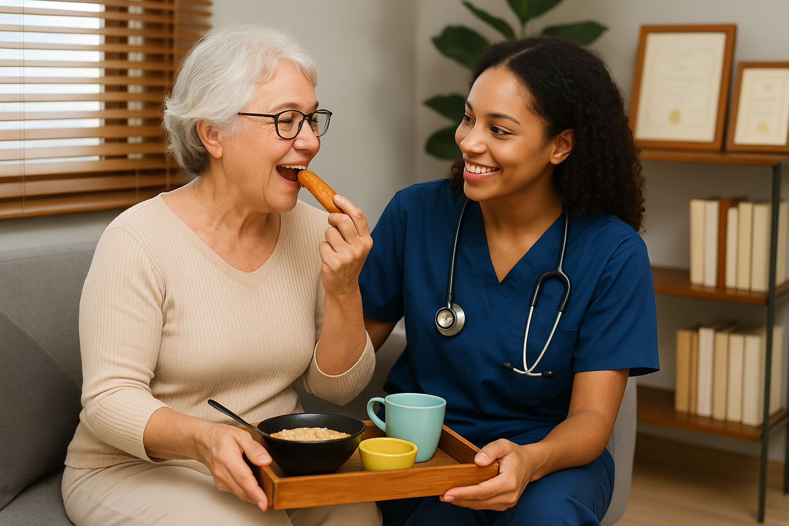Professional caregiver preparing nutritious meal for senior in Montgomery County home
